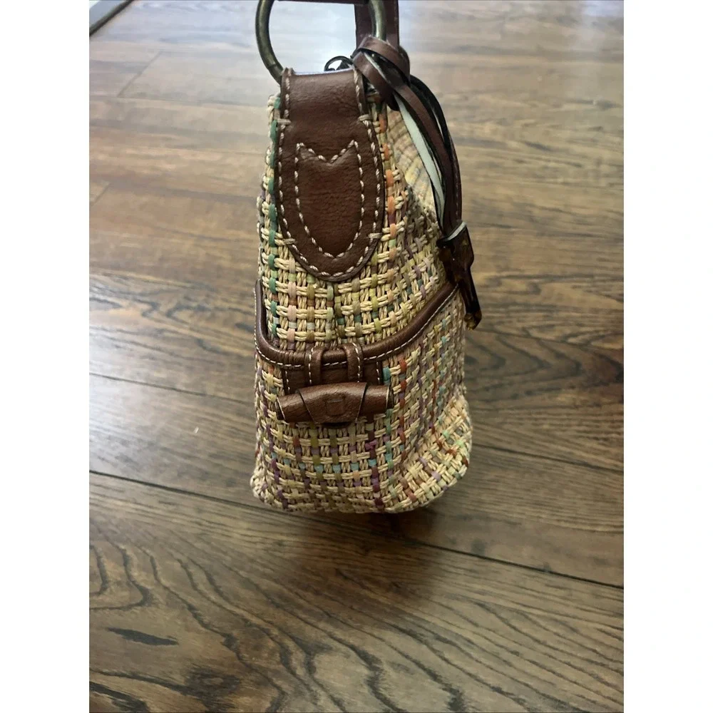 Fossil Straw Woven Hobo Bag Multicolor Leather Trim Summer Boho Purse